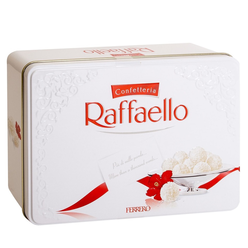 Рафаэлло сколько грамм в коробке. Конфеты Раффаэлло ж/б 300г. Raffaello в жестяной коробке 300 грамм. Конфеты Раффаэлло 300гр. Рафаэлло конфеты Ferrero.