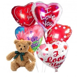 Bear with heart-shaped balloons 5 pcs (only in Riga)