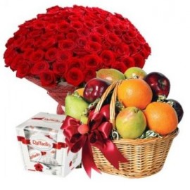 101 red rose 60 cm, fruits and Raffaello