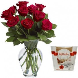 9 Red roses 50 cm and Rafaello