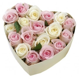 White and pink Roses in flowers box heart shape