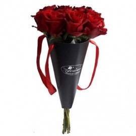 Red roses in stylish cone with ribbons (only in Riga)