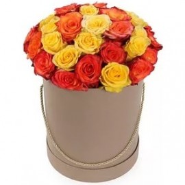 Dzeltenas un oranžas rozes ziedu kastē