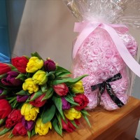 25 tulpes with 3D rose bear 25 cm (only in Riga)