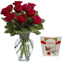 9 Red roses 50 cm and Rafaello